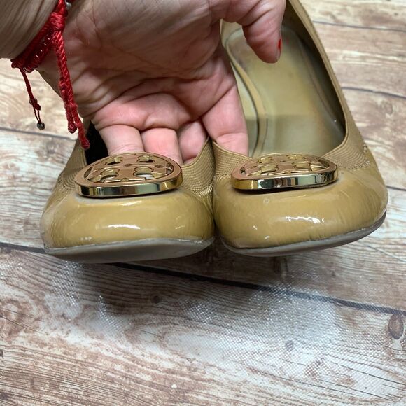 Tory Burch Pumps Heels Wedge Size 8.5M Caroline Nude Tan Patent Leather - Picture 6 of 13